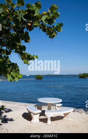 Leerer Picknicktisch am Strand, John Pennekamp Coral Reef State Park, Key Largo, Florida Keys, Florida, USA Stockfoto