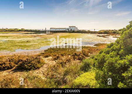 Gezeitenmühlengebäude im Naturpark Ria Formosa Quinta do Marim, Olhao, Algarve, Portugal Stockfoto