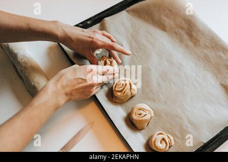 Frau arrangiert Zimtrollen auf Backblech Stockfoto