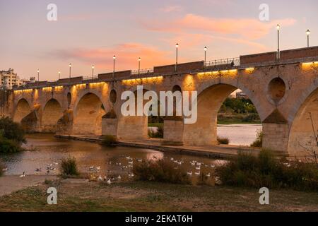 Badajoz Palmas Brücke bei Sonnenuntergang mit Enten auf dem Guadiana Fluss, in Spanien Stockfoto