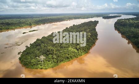 Kamerun, Luftaufnahme des Flusses Sanaga in der Landschaft Stockfoto