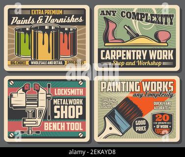 Tischlerei, Bau-und Renovierungswerkzeuge Werkstatt Vintage-Plakate, Vektor-Dekor-Farben und Lackbürsten, Holzbearbeitung Flugzeug und Schlosser meta Stock Vektor