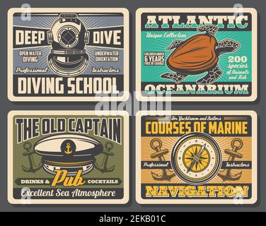 Nautische Vintage-Plakate mit Seeanker und Kompass-Symbole. Vector Ocean Adventure Aqualung Tauchschule, Unterwasserozeanarium Reise und capt Stock Vektor