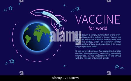 Poster accine für die Welt. Impfverbreitung weltweit Coronavirus. Rakete mit Impfstoff fliegt um die Erde Stock Vektor