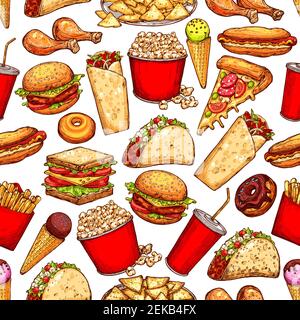 Fast Food nahtlose Skizze Muster. Vector Fastfood Hintergrund von Hot Dogs, Burger oder Sandwiches und Eis Desserts, mexikanische Burrito, Cheeseburger Stock Vektor