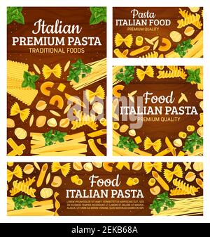 Italienische Küche Pasta-Gerichte Menü decken. Vector traditionelle italienische hausgemachte Pasta Rezept von Fusilli, Fettuccine oder Linguine, Conchiglie oder Gnocchi an Stock Vektor