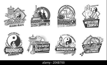 Buddhismus Religion Vektor-Ikonen der orientalischen religiösen Symbole und Buddha Lehre Zeichen. Buddhist, Lotus und Yoga, Dharma Rad, om und Yin Yang, tibet Stock Vektor