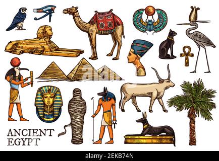 Altes Ägypten Vektor Skizzen der Religion, Reise-Symbole. Gott Anubis, pharaon Pyramiden und Sphinx, ankh, Mama und Horus Auge, Skarabäus, Tutanchamun, BL Stock Vektor