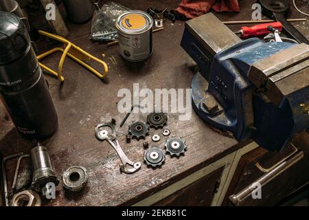 Workshop-Bild der Wartung der Zahnriemenräder eines Campagnolo-Hinterradgetriebes. Stockfoto