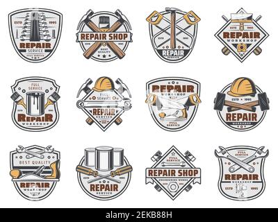Bauwerkstatt und Handwerker Reparatur-Service-Shop Symbole. Vektor-Handwerkzeuge, Holzsäge und Ebene mit Putzspatel und Pinsel, sc Stock Vektor