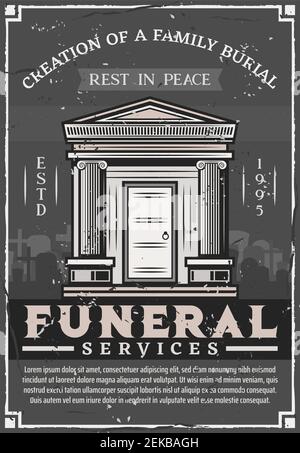 Beerdigung Service Agentur, Familie Beerdigung vintage Poster. Vector Grunge Rest in Peace RIP Text, Krypta Grab und Grabstein auf Friedhof Friedhof in Denkmal Stock Vektor