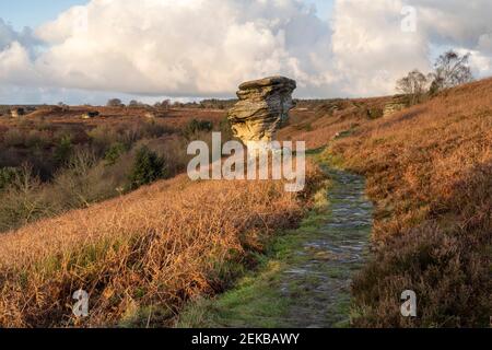 Am späten Abend Licht auf den Bridestones in Dalby Forest Stockfoto