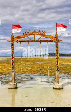 Gili Air Island im Indischen Ozean. 03.01.2017 Strandkomfort. Landschaft für den Strand. Von Hand hergestellt. Stockfoto