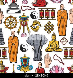 Buddhismus Symbole, Meditation und buddhistische Religion nahtlose Muster. Vektor Buddha Mönch Mudra mit Perlen, Dharma-Rad und Yin Yang Fischschild, Tempel Stock Vektor