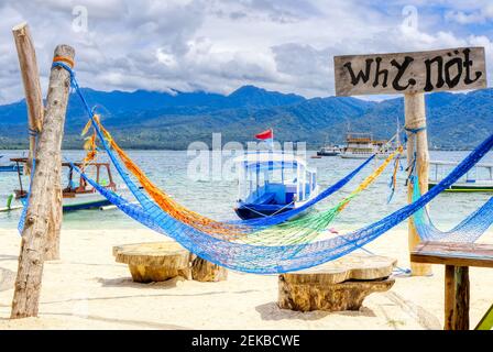 Gili Air Island im Indischen Ozean. 03.01.2017 Strandkomfort. Landschaft für den Strand. Von Hand hergestellt. Stockfoto