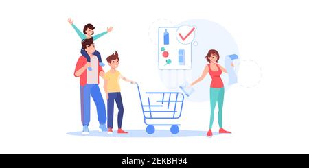 Wohnung Cartoon Familie Charaktere kaufen Waren mit Lebensmitteleinkauf-Liste, Vektor Illustrationskonzept Stock Vektor