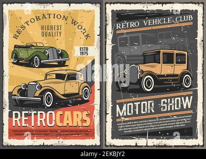 Oldtimer zeigen, seltene Fahrzeuge Motor Club und Retro-Auto Restaurierung Werke Grunge Plakate. Vektor Rarität Automobil und Sammler Transport Diag Stock Vektor