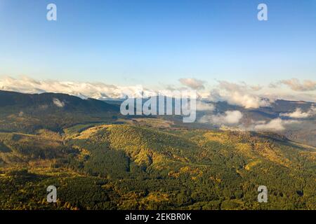 Hohe Berggipfel bedeckt mit Herbstfichtenwald und hohen schneebedeckten Gipfeln. Stockfoto