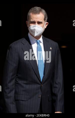 Madrid, Spanien. Februar 2021, 23rd. König Felipe VI von Spanien kommt zur Zeremonie anlässlich des 40th. Jahrestages des gescheiterten Militärputsches vom 23. Februar 1981 im spanischen parlament in Madrid. Heute feierte Spanien den 40th. Jahrestag eines gescheiterten Militärputsches ohne die Anwesenheit seines ehemaligen Königs Juan Carlos, der eine Schlüsselrolle bei der Niederschlagung des Komplotts und der Lenkung des Landes zur Demokratie spielte. Kredit: SOPA Images Limited/Alamy Live Nachrichten Stockfoto