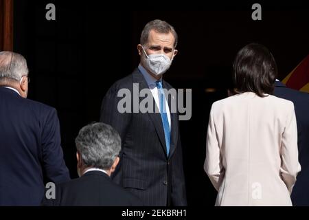 Madrid, Spanien. Februar 2021, 23rd. König Felipe VI von Spanien kommt zu einer Zeremonie anlässlich des 40th. Jahrestages des gescheiterten Militärputsches vom 23. Februar 1981, Spanien feierte heute den 40th. Jahrestag eines gescheiterten Militärputsches ohne die Anwesenheit seines ehemaligen Königs Juan Carlos, der eine Schlüsselrolle bei der Niederschlagung des Komplotts und der Lenkung des Landes zur Demokratie spielte. Kredit: SOPA Images Limited/Alamy Live Nachrichten Stockfoto