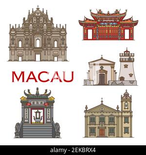 Macau Tempel und religiöse historische Architektur, berühmte Wahrzeichen Gebäude. Macau Vektor-Ikonen der St Paul Kathedrale und Saint Antonio Kirche, A-ma t Stock Vektor