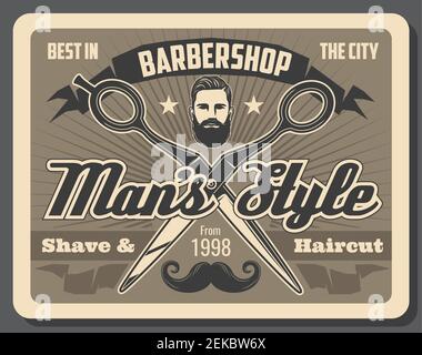 Barbershop, Haarschnitt, Bart und Schnurrbart Rasieren Vektor-Poster. Retro Schnurrbart, Hipster Mann Kopf und Schere, vintage Band Banner und Sterne. Frisur Stock Vektor