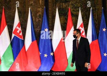 Der polnische Premierminister Mateusz Morawiecki wurde während des offiziellen Beginns des Gipfeltreffens 30th zum V4. Jahrestag gesehen. Gipfeltreffen der Regierungschefs der VI Stockfoto