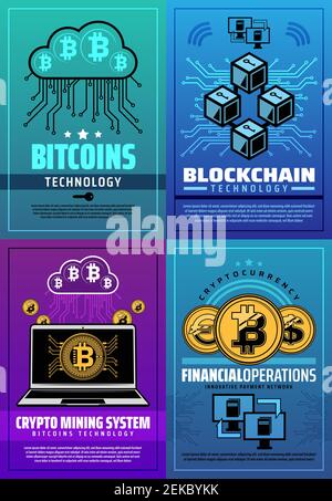 Kryptowährung Bitcoins Mining und Kryptowährung Blockchain-Technologie. Vector digitale Währung Finanzgeschäfte und Cloud-Netzwerk Zahlung Busin Stock Vektor