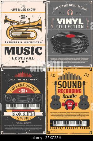 Musik- und Tonstudio, Vinylplatten-Shop und Musikfestival Vintage Retro-Poster. Vector Musikband Instrumente, DJ Kopfhörer und Jazz t Stock Vektor