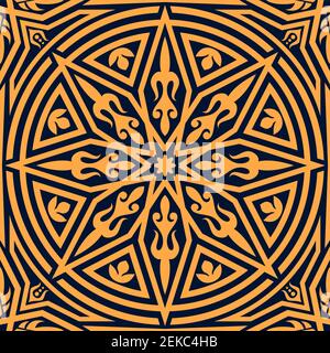 Arabisch nahtlose Muster Hintergrund mit Vektor floralen Ornament. Rundes arabisches Motiv mit orangen und violetten Blüten und Blättern. Arabesque Musterdesign Stock Vektor