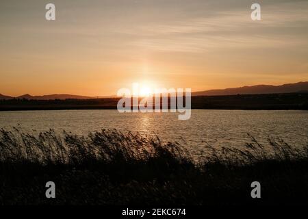 Spanien, Ebro Delta, Sonnenuntergang über Landschaft Stockfoto