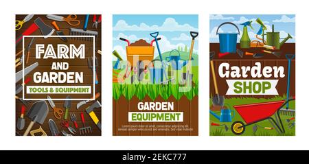 Landwirtschaft und Gartengeräte Vektor-Poster von Gartengeschäft Design. Rechen, Gabel und Schaufel, Gießschlauch und Dose, Kelle, Schubkarre und Pitchfork, Axt Stock Vektor
