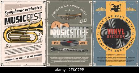 Musikinstrumente und Vinyl-Schallplatten Retro-Plakate von Musik-Shop oder Live-Konzert-Design. Vektorgitarre, Schlagzeug und Trompete, Tuba, Klarinette, Musica Stock Vektor