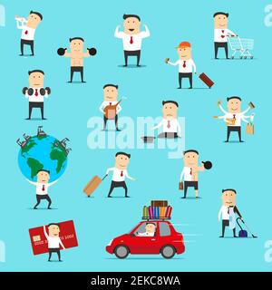 Geschäftsmann, Büroangestellte oder Manager Vektor Cartoon-Figuren Reisen und Betteln um Geld. Mann beim Einkaufen, Übungen und Hausarbeit, Tragen Stock Vektor