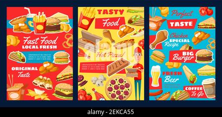 Fastfood-Restaurant Essen und Getränke-Menü-Vektor-Poster. Hamburger, Pizza und Pommes, Hot Dog, Käse-Sandwich und Chicken Nuggets, Kaffee, mexikanische tac Stock Vektor