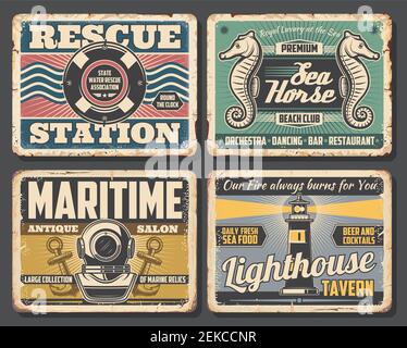 Nautische Vektor-Design von rostigen Schilder mit Seeschiff oder Boot Anker, Meereswellen und Marine Seil, Navigation Leuchtturm, vintage Tauchhelm, l Stock Vektor