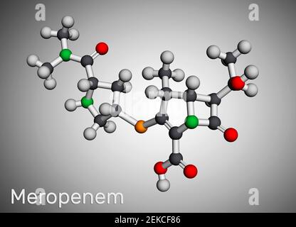 Meropenem-Molekül. Es ist ein breites Spektrum Carbapenem Antibiotikum. Molekularmodell. 3D Rendern. 3D Abbildung Stockfoto