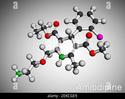 Amlodipin-Molekül. Es ist Vasodilator, eine antihypertensive Medikamentengruppe von Dihydropyridin-Kalziumkanalblockern. Wird bei der Behandlung von hohem Blutspiegel verwendet Stockfoto