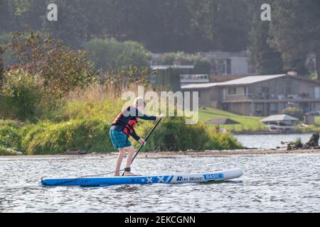 Issaquah, Washington, USA. Kleiner Junge konzentrierte sich auf das Paddleboard. Stockfoto