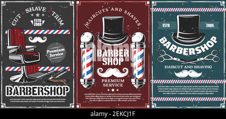 Barbershop Vektor-Design von Männern Haarschnitt, Bart und Schnurrbart rasieren Salon. Retro-Stöcke von Friseur-Shop, Friseurstuhl und offene Rasierklinge, Schere Stock Vektor