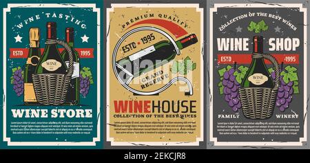 Vinothek oder Winzerladen Vintage-Poster mit Vektor-Flaschen Wein und Champagner Alkoholgetränke, Trauben, Reben und Blätter, Korbgriffe und Metall Stock Vektor