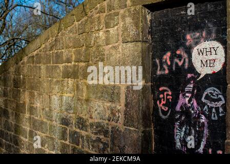 Neben dem Hotel befindet sich ein Street Art Girl mit dem Motto „Why Me“ Ziegelmauer an den Hängen des Calton Hill Edinburgh Stockfoto