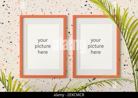 Dreidimensionales Rendern von zwei Bilderrahmen mit Platzhaltertext An Terrazzo Wand hängen Stockfoto