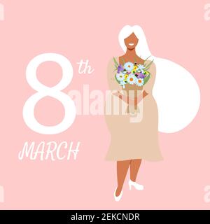 Schöne schwarze Frau im weißen Kleid halten Blumenstrauß. Internationaler Frauentag. März 8th. Vektorgrafik für Grußkarte, Postkarte Stock Vektor
