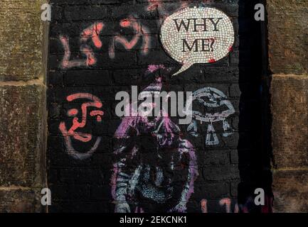 Neben dem Hotel befindet sich ein Street Art Girl mit dem Motto „Why Me“ Ziegelmauer an den Hängen des Calton Hill Edinburgh Stockfoto