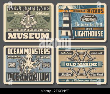 Nautische Retro-Plakate mit Vektor-Seeschiffe, Segelboote und Helm, marine Leuchtturm, Oktopus und vintage Sextant. Ozeanarium Ozeanmonster, marit Stock Vektor