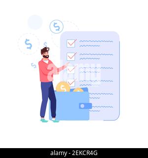 Wohnung Cartoon Mann Figur Haushalt Finanzen Management-Plan, Vektor-Illustration Konzept Stock Vektor