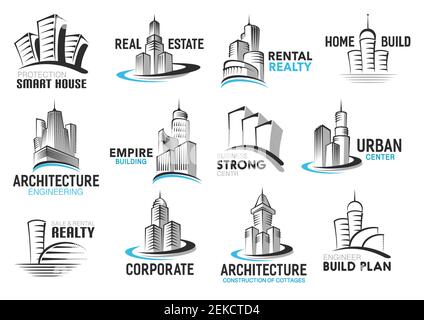 Haus Ikonen der Immobilien-, Bau-und Bauunternehmen Corporate Identity Design. Vektor dünne Linie Häuser und moderne Wolkenkratzer mit Dächern und w Stock Vektor