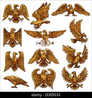 Goldene heraldische Adler-Ikonen mit Vektorvögeln von Beute, Falken und Falken. Adler fliegen und stehen mit erhobenen und ausgebreiteten Flügeln, goldenen Federn, Krallen Stock Vektor