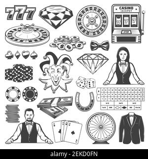 Casino und Glücksspiel-Spiele Vektor-Symbole von Roulette, Würfel und Chips, Pokertisch, Spielkarten und Spielautomaten, Glücksrad, Glück 777 und Croupier, d Stock Vektor